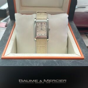Baume and Mercier Hampton Classic mother of pearl white leather watch.